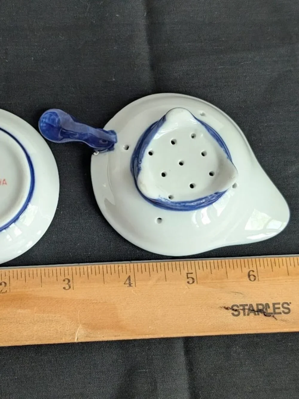 Vintage Bombay Company Blue & White Porcelain Tea Strainer with Drip Bowl